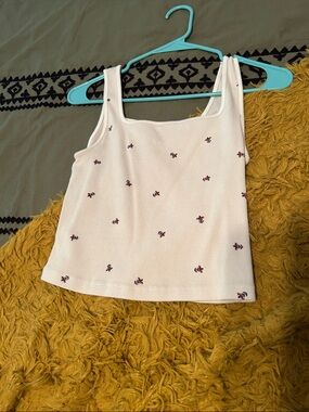 White Ribbed Tank Top with Red Floral Embroidery - Women